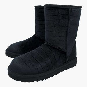 UGG CLASSIC SHORT II CROC BLACK VELVET SUEDE SHEEPSKIN WOMEN'S BOOTS US SIZE 6